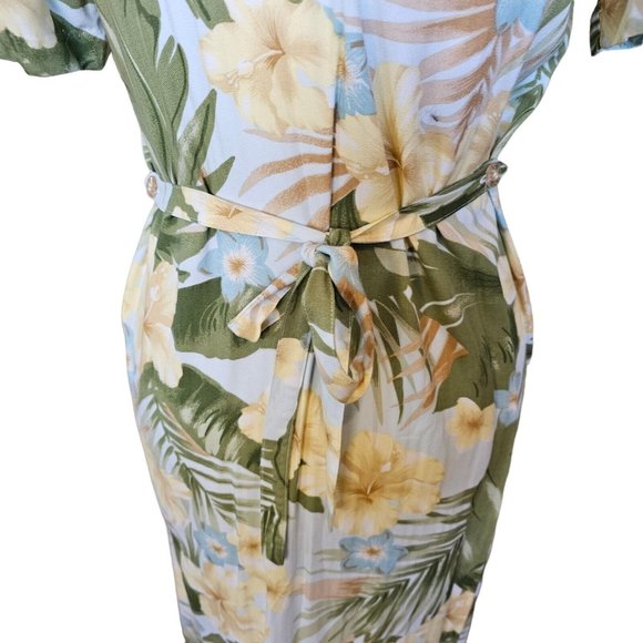 90s Small Tropical Hawaiian Floral Hibiscus Maxi Shirt Dress Sage Green Yellow - Picture 7 of 13
